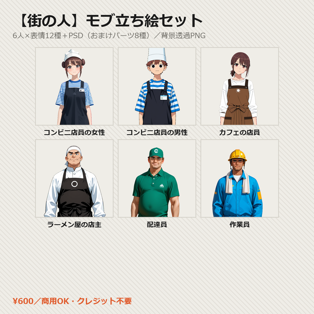 【街の人】モブ立ち絵6人セット 表情12種＋PSD【CoC・ココフォリア・透過PNG】