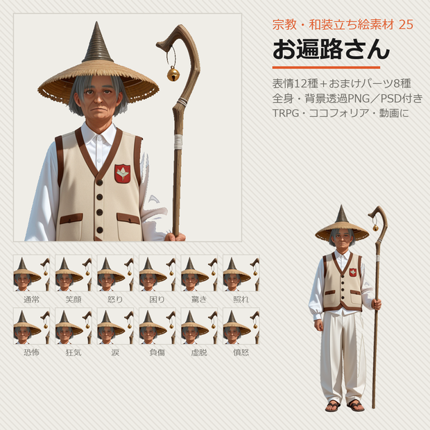 【無料あり】宗教・和装立ち絵素材 25 お遍路さん【表情12種／TRPG・ココフォリア・透過PNG】