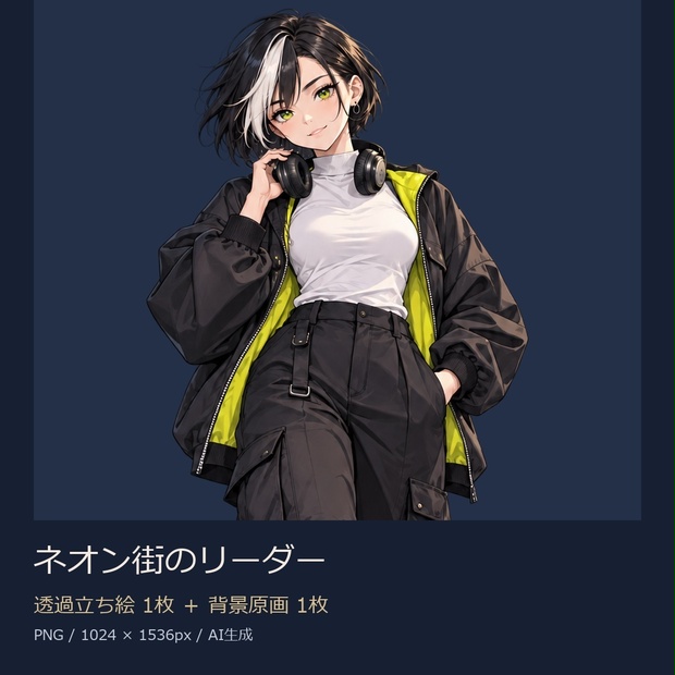 【立ち絵素材】ネオン街のリーダー｜透過PNG1枚＋背景原画1枚【商用利用可】