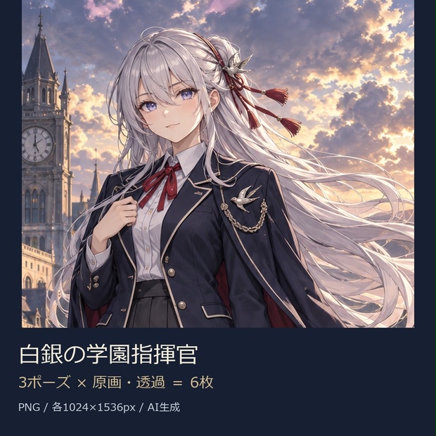 【立ち絵素材】白銀の学園指揮官｜3ポーズ・透過3枚＋背景原画3枚【商用利用可】