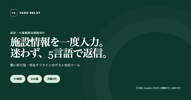 民泊5言語メッセージアシスタント｜41場面・205通｜YADO RELAY