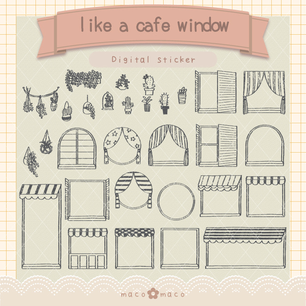 【デジタルプランナー用文具】カフェ風窓枠と植物イラストスタンプ