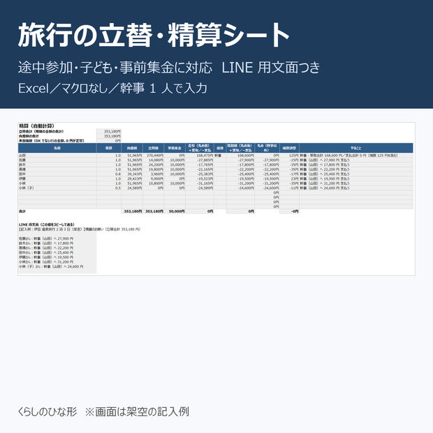 旅行の立替・精算シート｜途中参加・子ども・事前集金に対応、LINE 用文面つき【Excel】