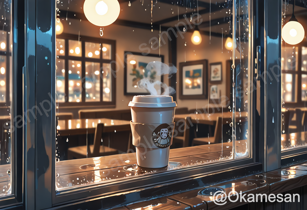 雨の日のカフェ窓辺とホットコーヒー｜アニメ風背景イラスト素材
