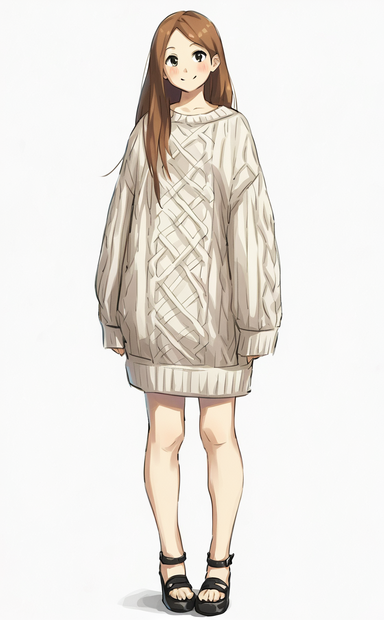 白いケーブルニットワンピの少女（水彩タッチ）｜アニメ風キャラクター立ち絵素材