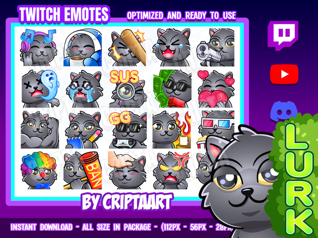 黒猫・グレーの猫の絵文字 メガパック | Twitch Discord YouTube TikTok Kick