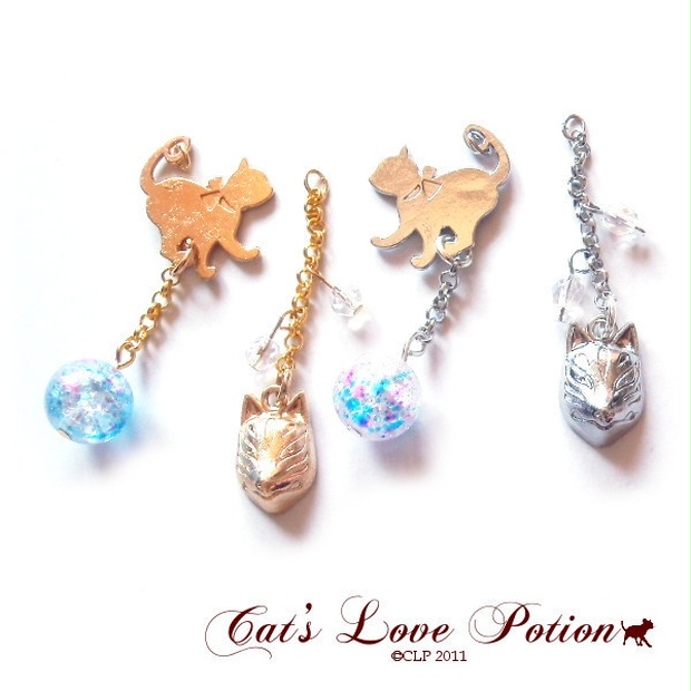 猫 ピアス 水風船 狐の面と ねこ ピアス イヤリング Cat's Love Potion