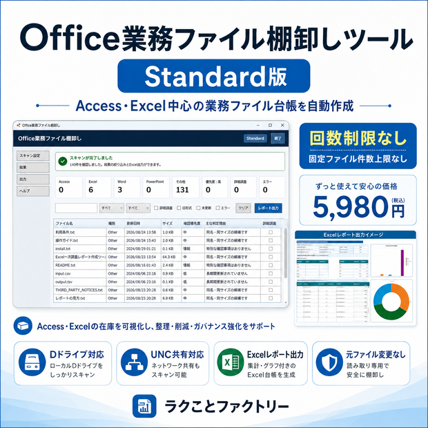 Office業務ファイル棚卸しツール Standard版｜Access・Excel中心の業務ファイル台帳を自動作成