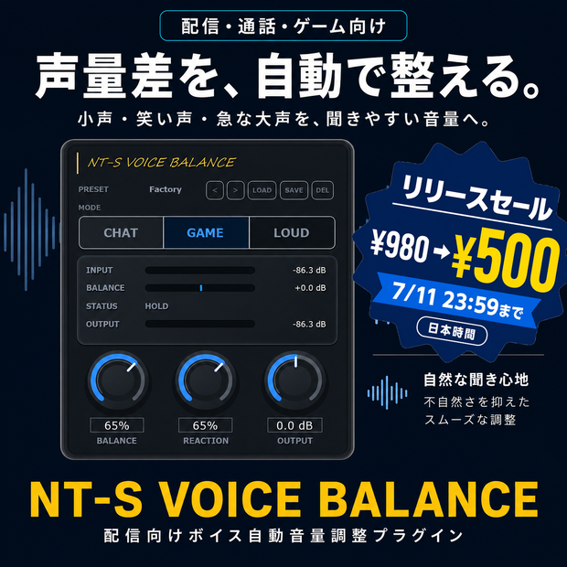 【🎉リリースセール🎉 ～7/11】配信マイク音量安定化VST3｜Stream Voice Level Stabilizer｜NT-S VOICE BALANCE