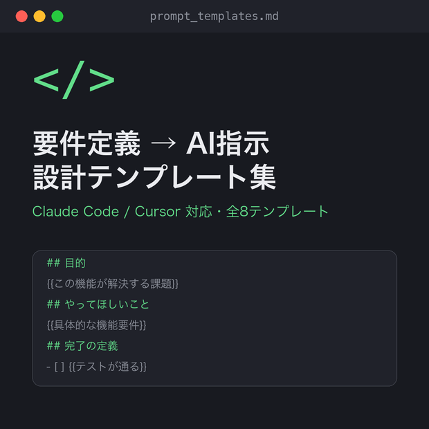 【個人開発者向け】要件定義→AIコーディング指示 設計テンプレート集 - Claude Code/Cursorで一発で狙った結果を出す8つのテンプレート