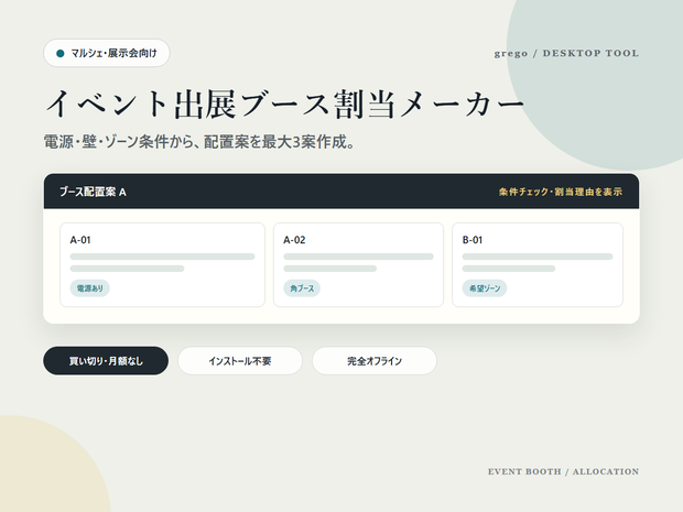 イベント出展ブース割当メーカー｜電源・壁・ゾーン条件から配置案を自動作成
