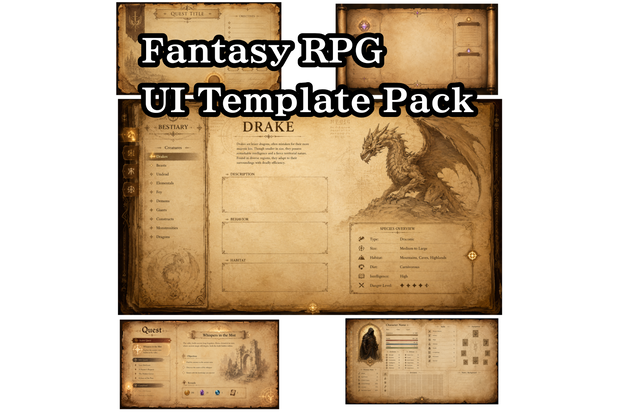ファンタジーRPG UIテンプレートセット｜羊皮紙風インターフェース素材集（5種 / Fantasy RPG UI Template Pack）