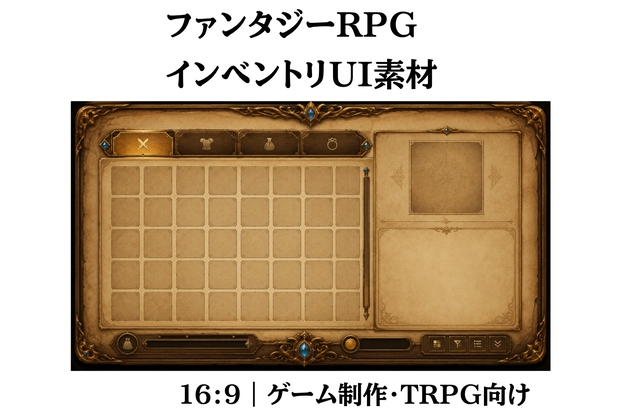 ファンタジーRPG インベントリUI素材｜羊皮紙デザイン・ゲームUI背景・16:9【全身商用利用OK】