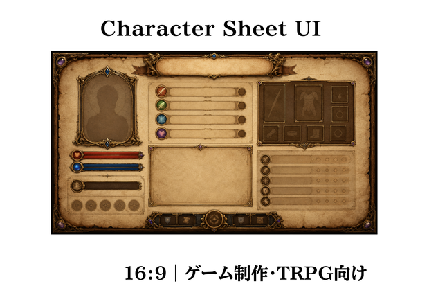 【TRPG・ゲーム制作向け】ファンタジーRPG キャラクターシートUI｜羊皮紙デザイン｜16:9｜高解像度ゲーム素材