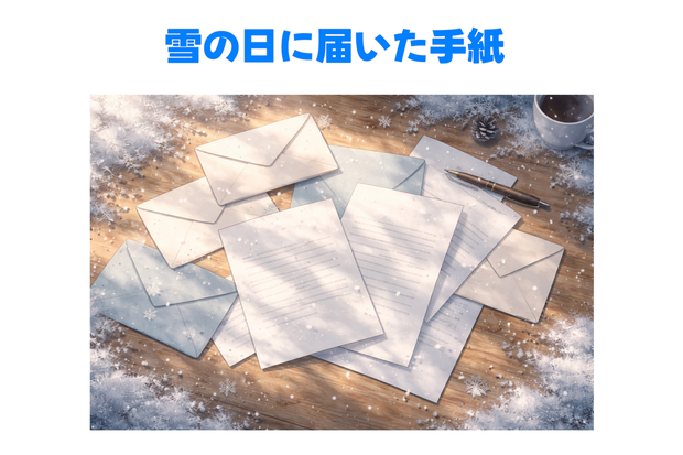 【16:9】雪降る冬の手紙と封筒｜静かで切ない冬の背景イラスト