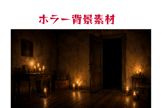 【ホラー背景素材】蝋燭の灯る部屋と開かれた扉｜16:9