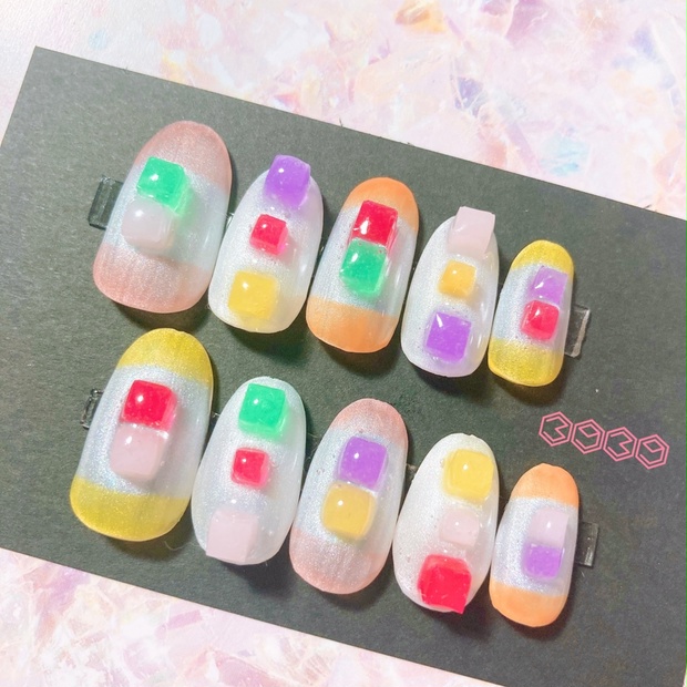 ネイルチップ　カラフル　個性派ネイル ネイルチップ カラフル キューブ キャンディ - 3939ネイルチップshop
