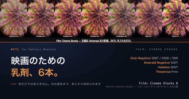 Film: Cinema Stocks 6｜DaVinci Resolve 用 映画のための乳剤DCTL（ハレーション0〜2・粒0〜0.3・11カメラ対応）