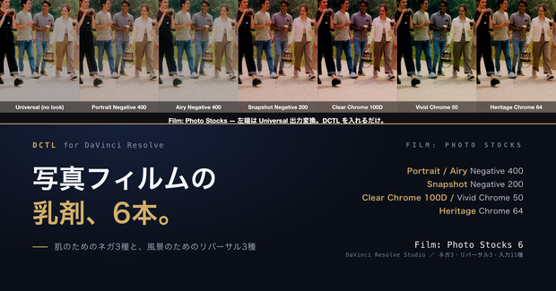 Film: Photo Stocks 6｜DaVinci Resolve 用 写真フィルムの乳剤DCTL（ネガ3・リバーサル3・11カメラ対応）