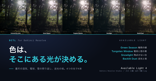 Available Light 4｜DaVinci Resolve 用 そこにある光のルックDCTL（梅雨・電球・雪・逆光／11カメラ対応）