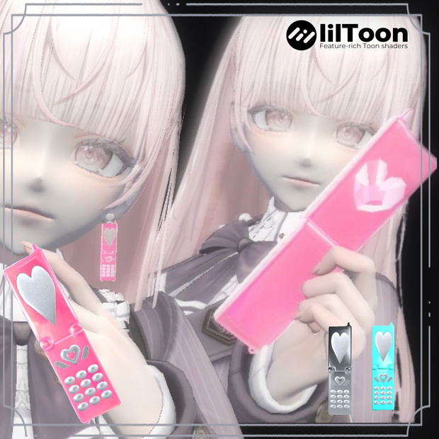 【3Dモデル】ハートガラケー＆ピアス￤Heart flip phone＆earring 