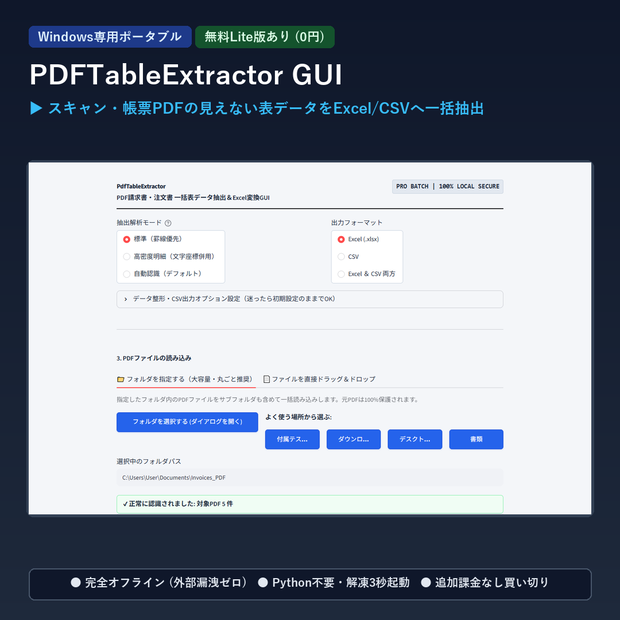 【Windows専用】PdfTableExtractor GUI ｜ PDF請求書・注文書 一括表データ抽出＆Excel変換GUI