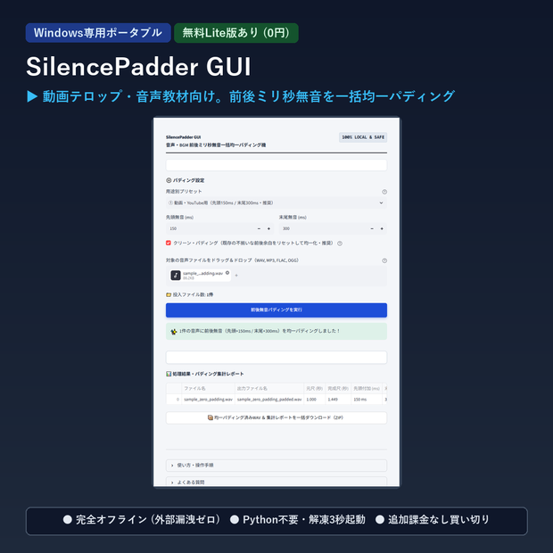 【Windows専用】SilencePadder GUI ｜ 音声・BGM 前後ミリ秒無音一括均一パディング機