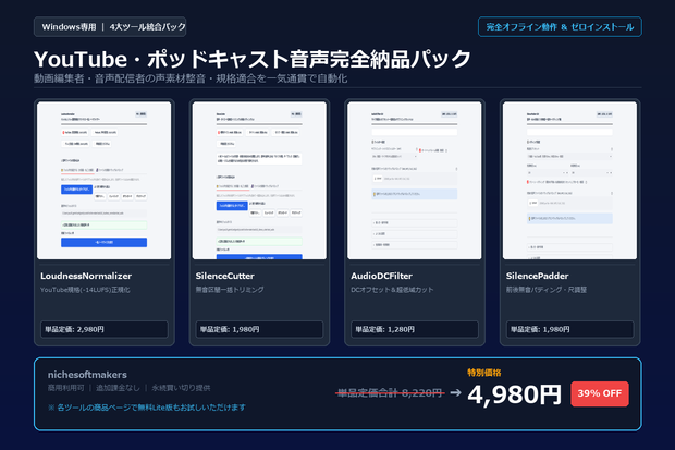 【Windows専用】YouTube・ポッドキャスト音声完全納品パック ｜ 動画編集者・音声配信者の声素材整音・規格適合 完全自動化パック