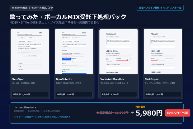 【Windows専用】歌ってみた・ボーカルMIX受託下処理パック ｜ MIX師・DTMerの素材頭出し・ノイズ除去下準備 完全自動化パック