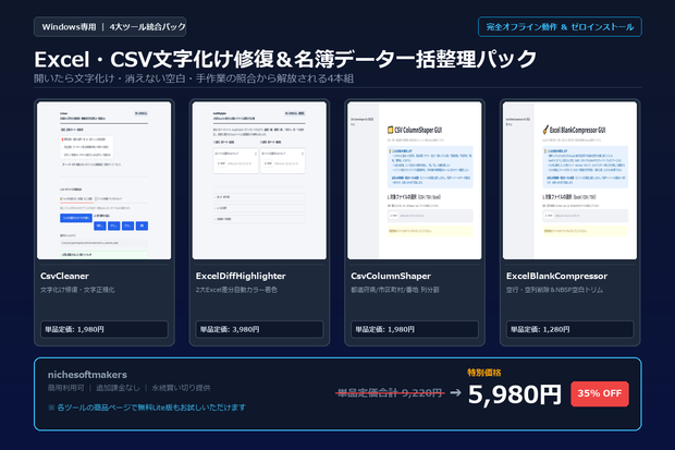 【Windows専用】Excel・CSV文字化け修復＆名簿データ一括整理パック ｜ 事務・EC・名簿管理の文字化け修復・列分割・空白削除・差分照合 完全自動化パック
