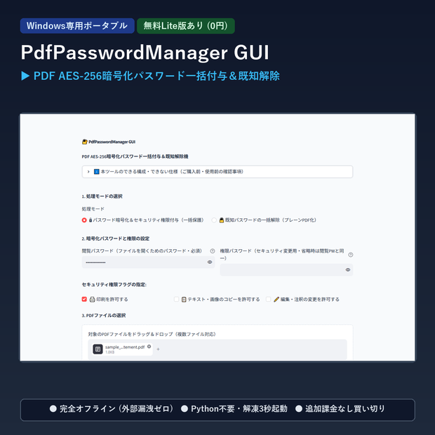 【Windows専用】PdfPasswordManager GUI ｜ AES-256暗号化・閲覧制限・印刷禁止付与＆パスワード一括解除機