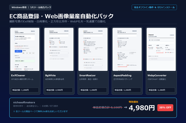 【Windows専用】EC商品登録・Web画像量産自動化パック ｜ EC運営・広報の写真切り抜き・モール規格リサイズ 完全自動化パック