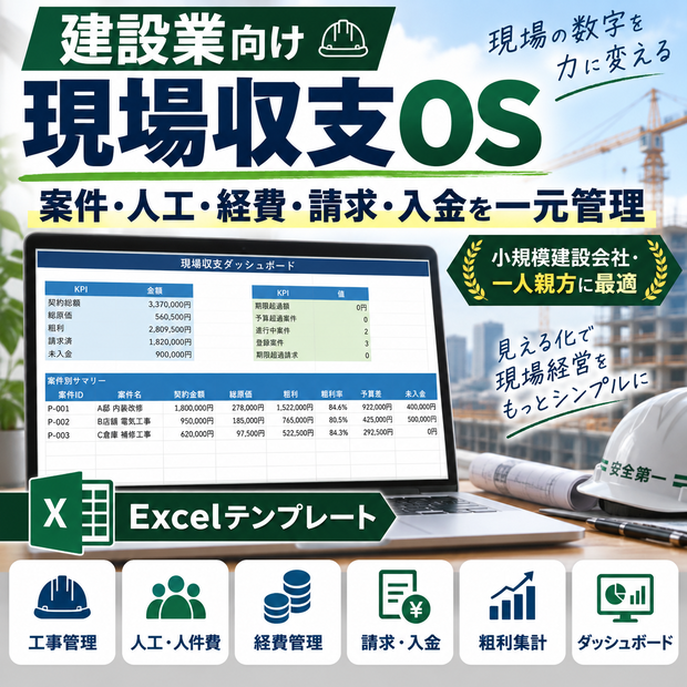 【建設業向け】案件・人工・経費・請求・入金を一元管理｜現場収支OS Excel