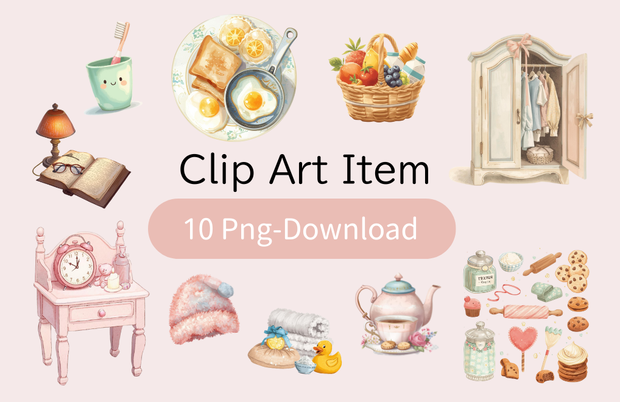 猫の1日 小物〜パステル絵本風クリップアート10点セット｜PNG背景透過
