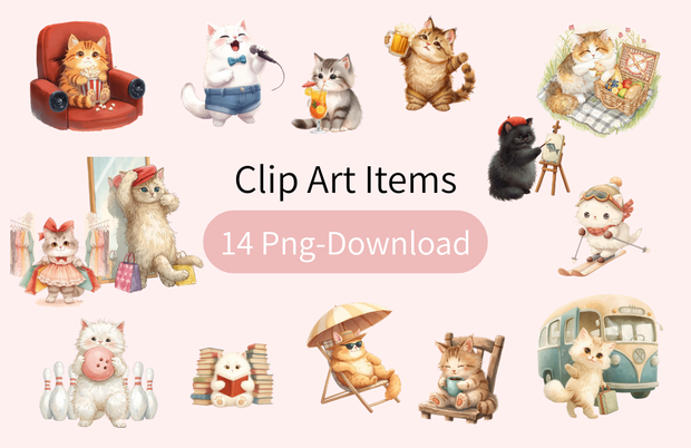 猫のスケジュールA 〜パステル絵本風クリップアート14点セット｜PNG背景透過