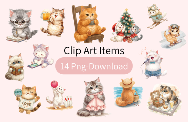 猫のスケジュールＢ〜パステル絵本風クリップアート14点セット｜PNG背景透過