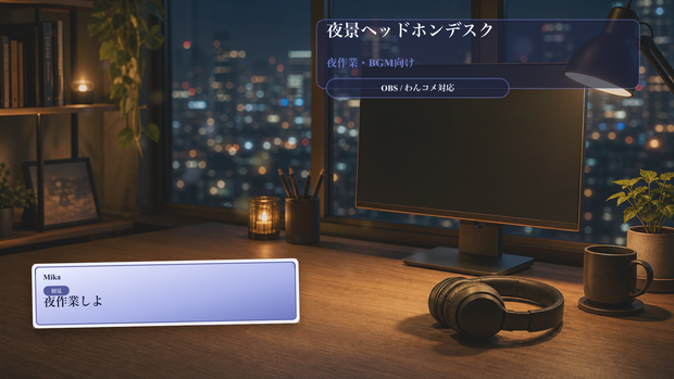 夜景ヘッドホンデスクコメントオーバーレイ｜OBS・わんコメ対応テンプレート