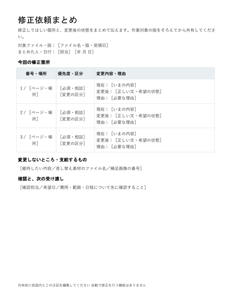 修正依頼まとめ｜編集できるWord・場所と変更内容を3件整理・記入例付き