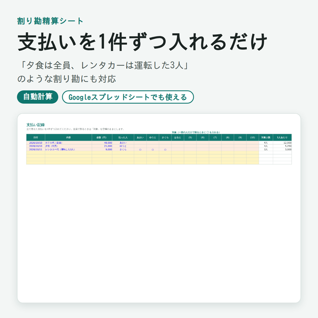 【Excel】旅行・イベントの割り勘精算シート（立て替え精算・最大10人）