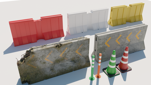 3DCG【road_barricade_set】バリケード 壁 コーン パイロンセット（9点セット）