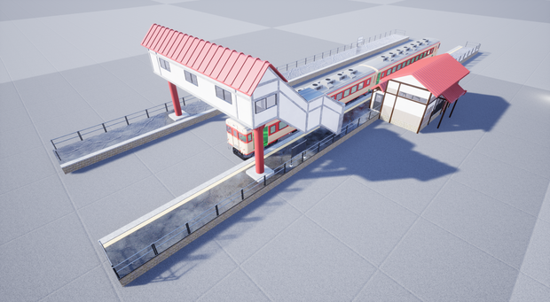 [3Dモデル]対向式駅・跨線橋・信号機・簡易改札機セット