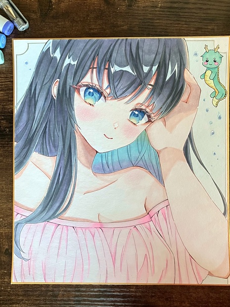 手描きアナログ色紙 水辺の女の子 手描き原画一点物 大色紙 - 手描き原画色紙とタペストリーのこうまる屋 - BOOTH