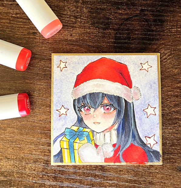 色紙　手描きイラスト コピック色紙 手描きイラスト 豆色紙原画 サンタガール - 手描き