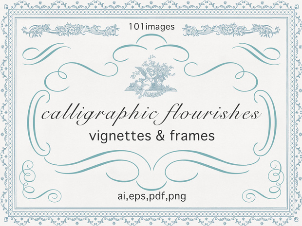 【ベクター】calligraphic flourishes カリグラフィフローリッシュと小さな挿絵とフレーム【png,ai,eps,pdf】