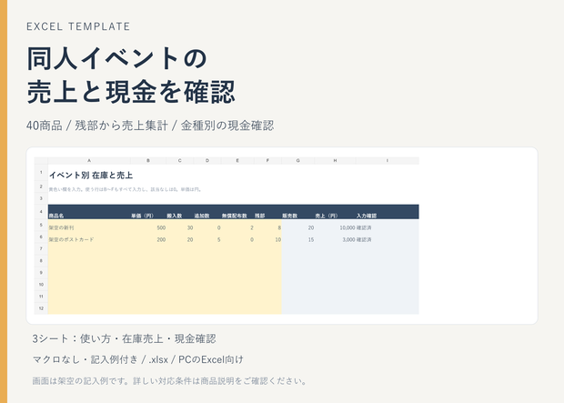 同人イベントお会計管理｜在庫・売上・現金差額を確認【Excel・40商品】