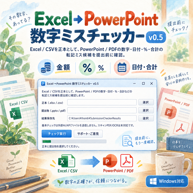 Excel→PowerPoint 数字ミスチェッカー｜金額・％・日付・合計を提出前に確認【Windows】