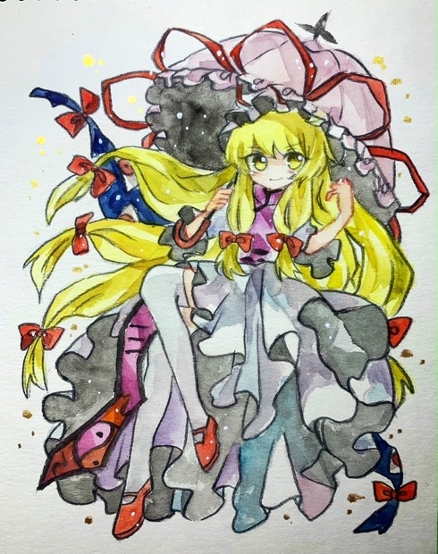 13】東方Project 二次創作 手描きイラスト レミフラ咲夜 色紙 原画-