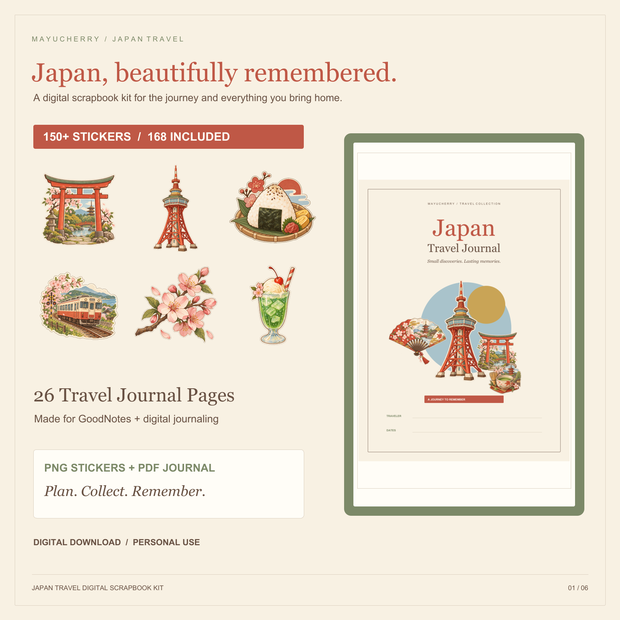 Japan Travel Digital Scrapbook Kit — 150+ Stickers & Travel Journal Pages for GoodNotes