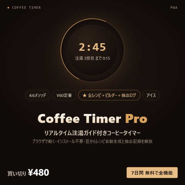 Coffee Timer Pro — 全レシピ＋レシピビルダー＋抽出ログ解放（注湯ガイド付きコーヒータイマー・ライセンスキー）