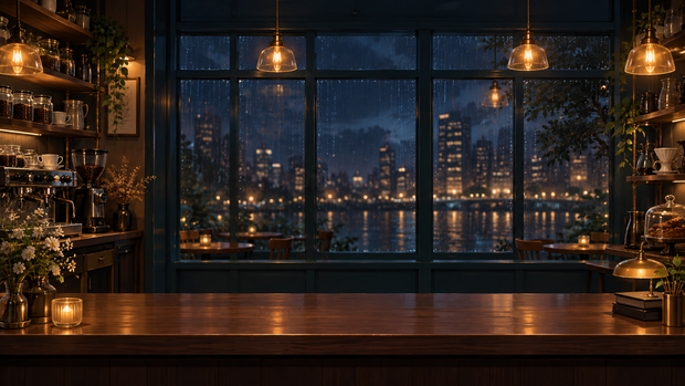 夜の喫茶店 配信スターターセット｜透過PNG・編集SVG・HTML画面